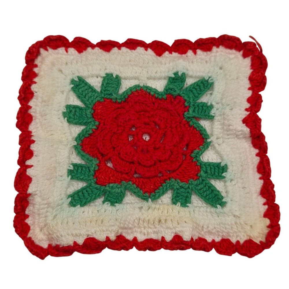 Vintage Handmade Crochet Red Rose Hot Pad Potholder Scalloped Edges